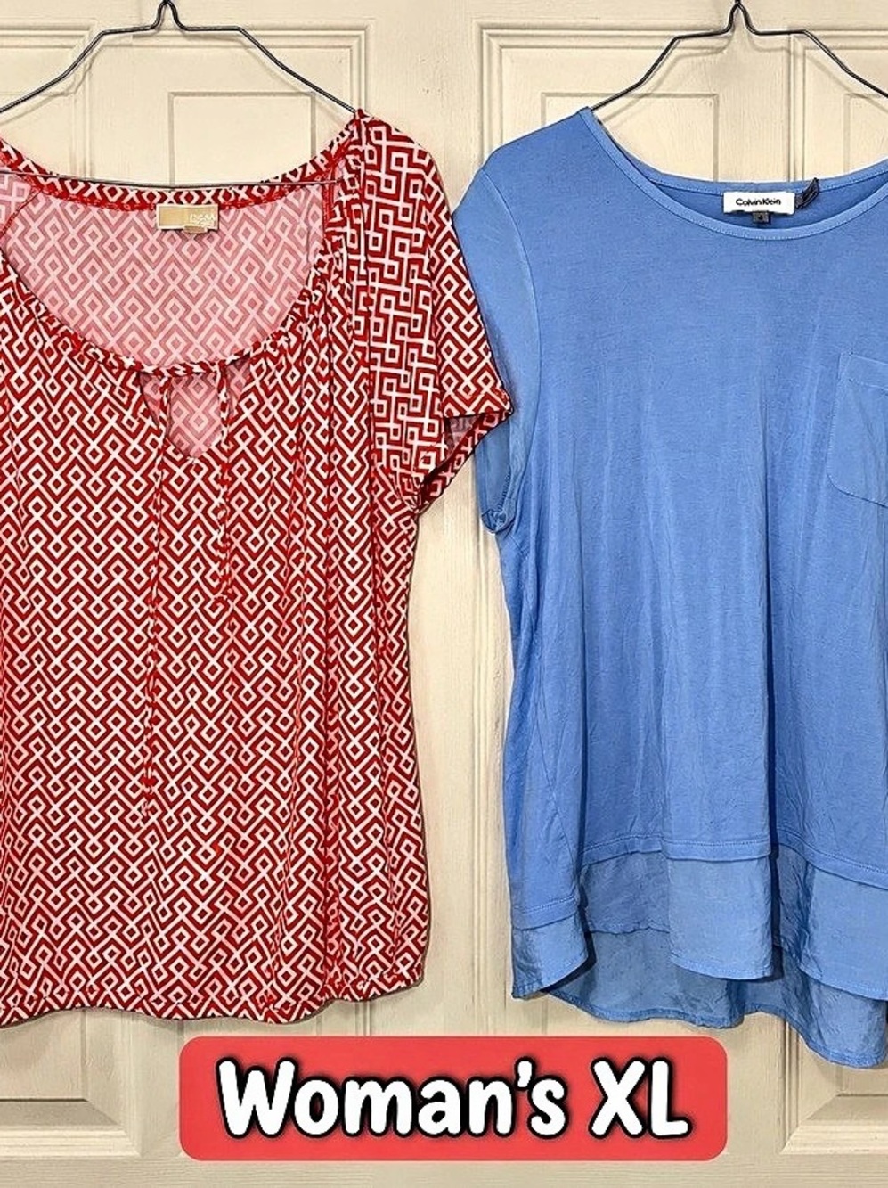 Calvin Klein Geometric Short Sleeve Blouse in Blue & Michael Kirk’s Orange XL l